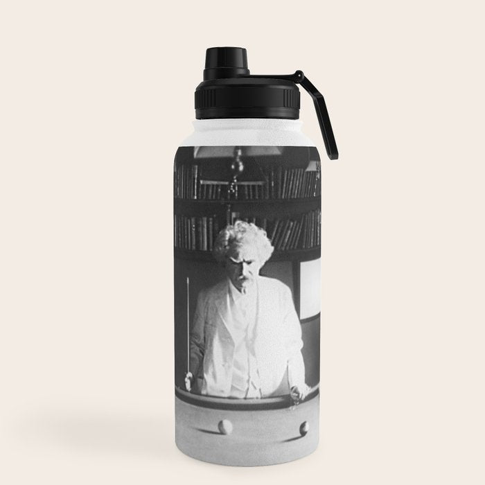 1891 Mark Twain playing billiards, pool black and white vintage photograph / photography Water Bottle