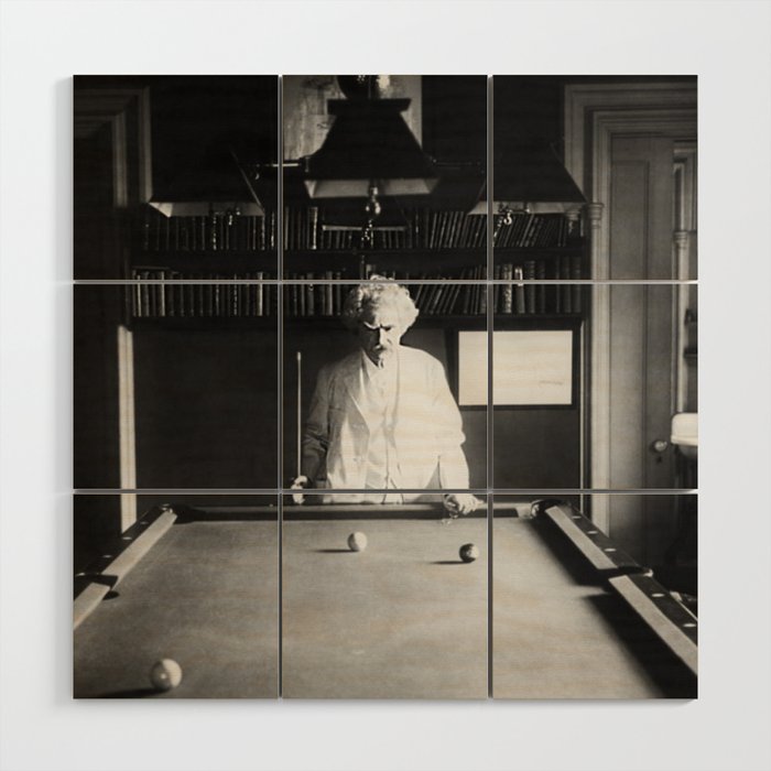 1891 Mark Twain playing billiards, pool black and white vintage photograph / photography Wood Wall Art