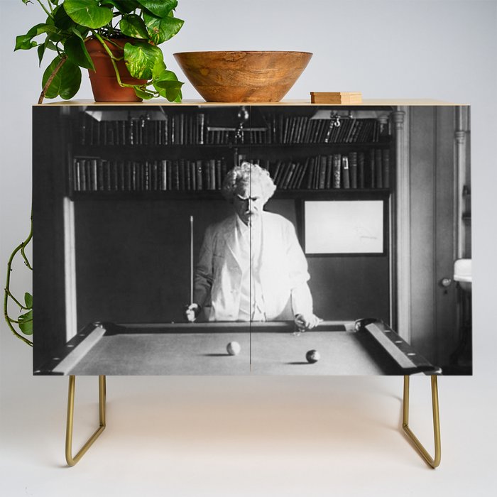1891 Mark Twain playing billiards, pool black and white vintage photograph / photography Credenza