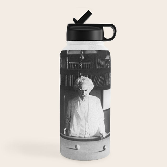 1891 Mark Twain playing billiards, pool black and white vintage photograph / photography Water Bottle