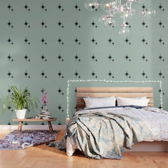 1950s Atomic Age Minimalist Starburst Pair in Black and 50s Celadon Teal Solid Wallpaper