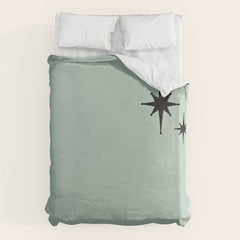 1950s Atomic Age Minimalist Starburst Pair in Black and 50s Celadon Teal Solid Duvet Cover