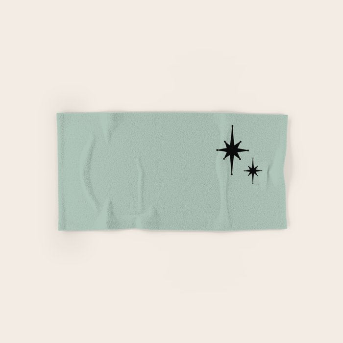 1950s Atomic Age Minimalist Starburst Pair in Black and 50s Celadon Teal Solid Bath Towel