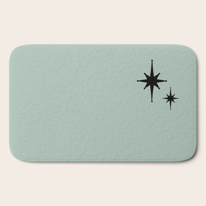 1950s Atomic Age Minimalist Starburst Pair in Black and 50s Celadon Teal Solid Bath Mat