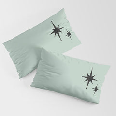 1950s Atomic Age Minimalist Starburst Pair in Black and 50s Celadon Teal Solid Pillow Sham