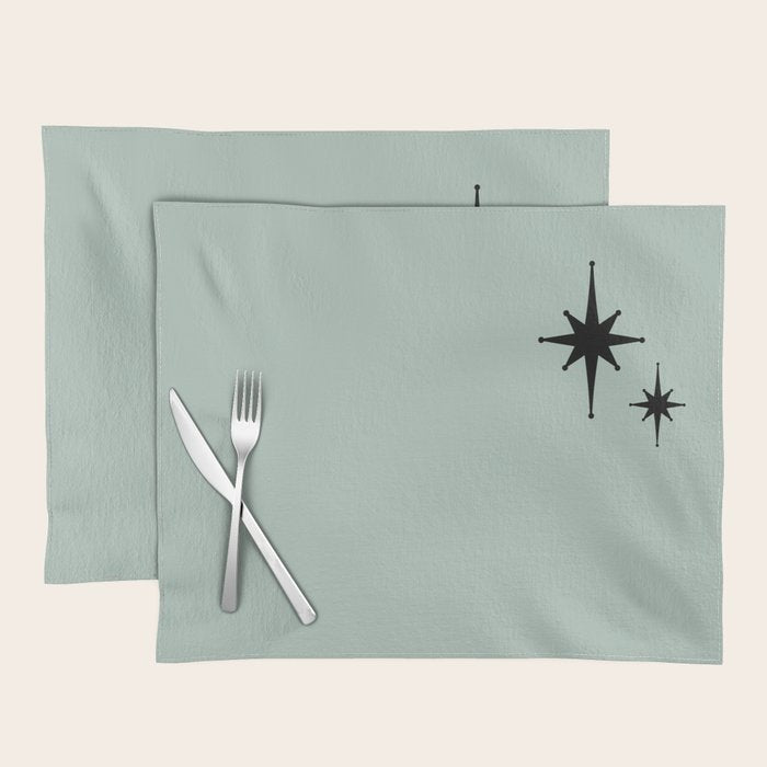 1950s Atomic Age Minimalist Starburst Pair in Black and 50s Celadon Teal Solid Placemat