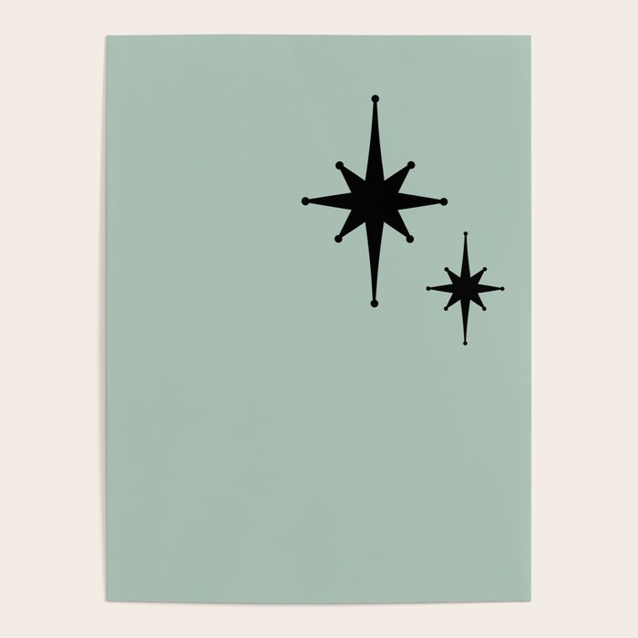 1950s Atomic Age Minimalist Starburst Pair in Black and 50s Celadon Teal Solid Poster