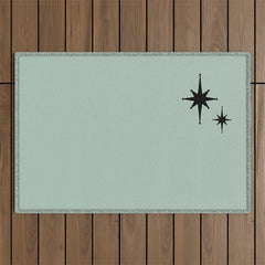 1950s Atomic Age Minimalist Starburst Pair in Black and 50s Celadon Teal Solid Outdoor Rug