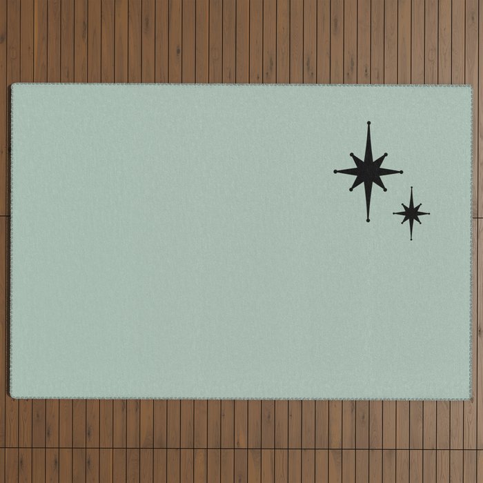 1950s Atomic Age Minimalist Starburst Pair in Black and 50s Celadon Teal Solid Outdoor Rug