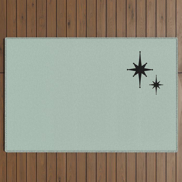 1950s Atomic Age Minimalist Starburst Pair in Black and 50s Celadon Teal Solid Outdoor Rug