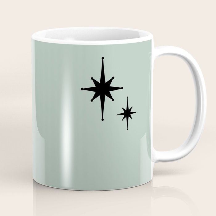 1950s Atomic Age Minimalist Starburst Pair in Black and 50s Celadon Teal Solid Coffee Mug