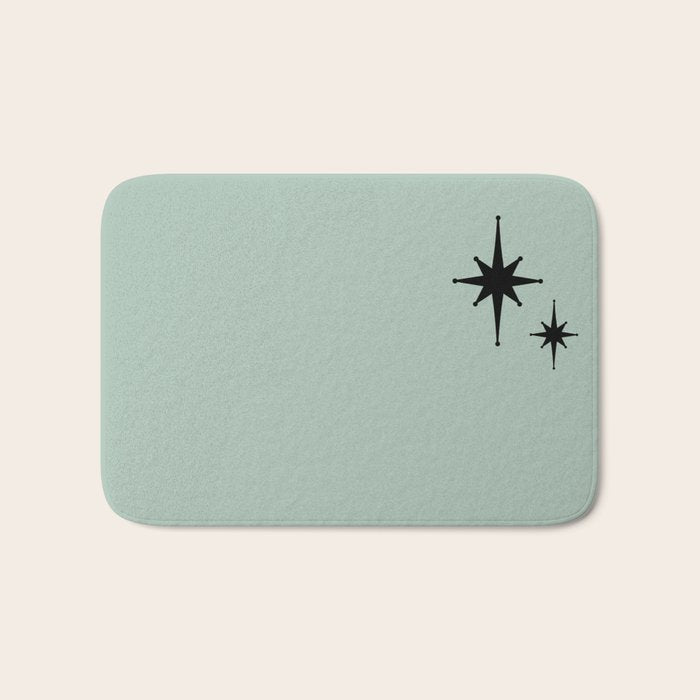 1950s Atomic Age Minimalist Starburst Pair in Black and 50s Celadon Teal Solid Bath Mat
