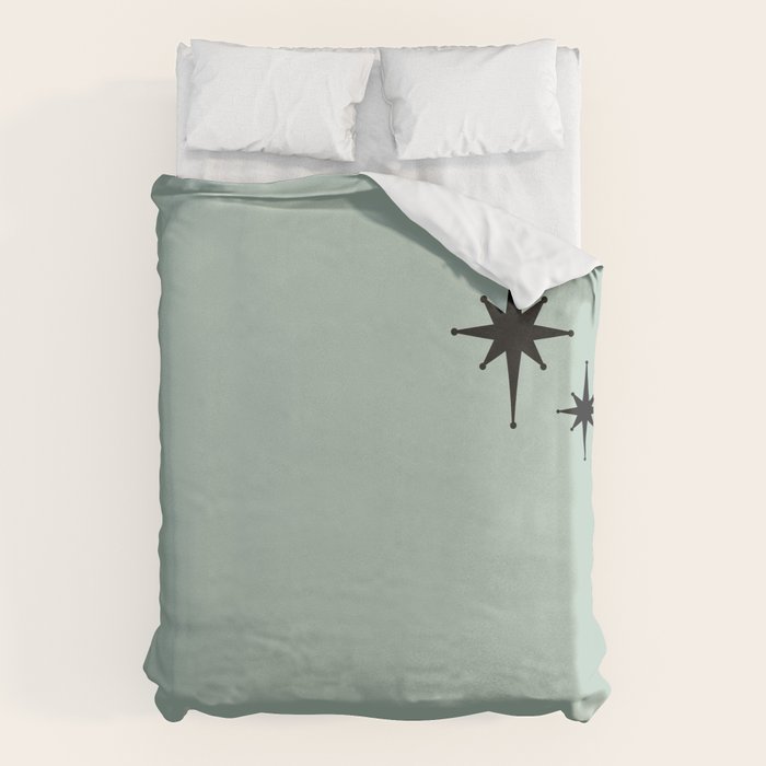 1950s Atomic Age Minimalist Starburst Pair in Black and 50s Celadon Teal Solid Duvet Cover