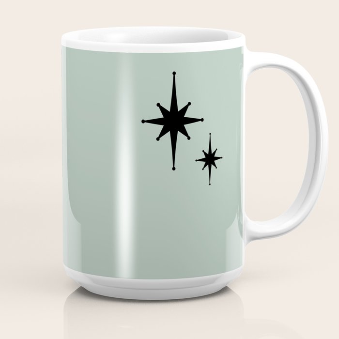 1950s Atomic Age Minimalist Starburst Pair in Black and 50s Celadon Teal Solid Coffee Mug