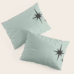 1950s Atomic Age Minimalist Starburst Pair in Black and 50s Celadon Teal Solid Pillow Sham