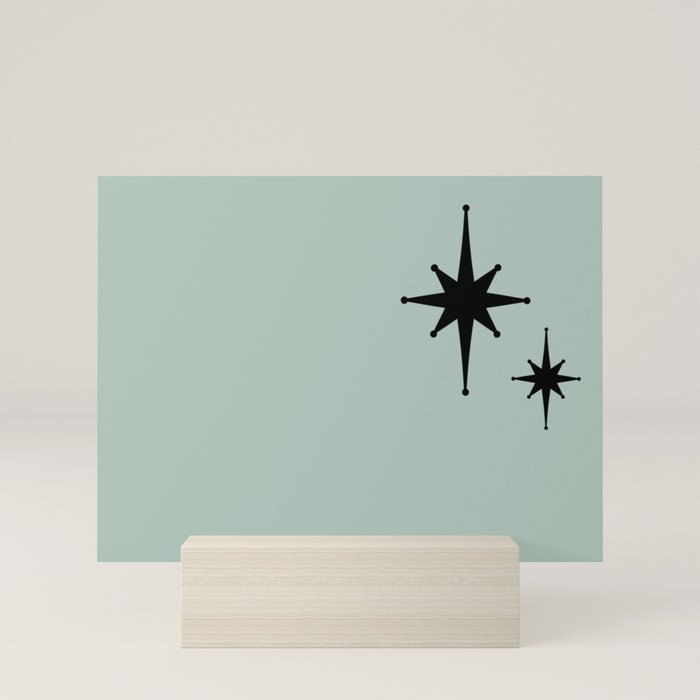 1950s Atomic Age Minimalist Starburst Pair in Black and 50s Celadon Teal Solid Mini Art Print