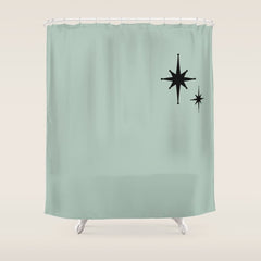 1950s Atomic Age Minimalist Starburst Pair in Black and 50s Celadon Teal Solid Shower Curtain