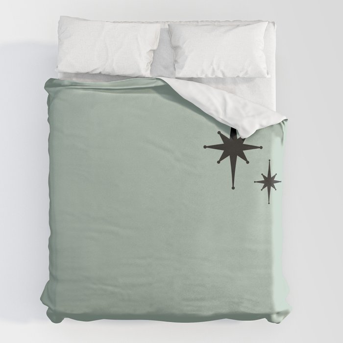1950s Atomic Age Minimalist Starburst Pair in Black and 50s Celadon Teal Solid Duvet Cover