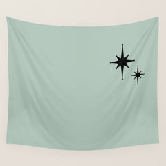 1950s Atomic Age Minimalist Starburst Pair in Black and 50s Celadon Teal Solid Wall Tapestry