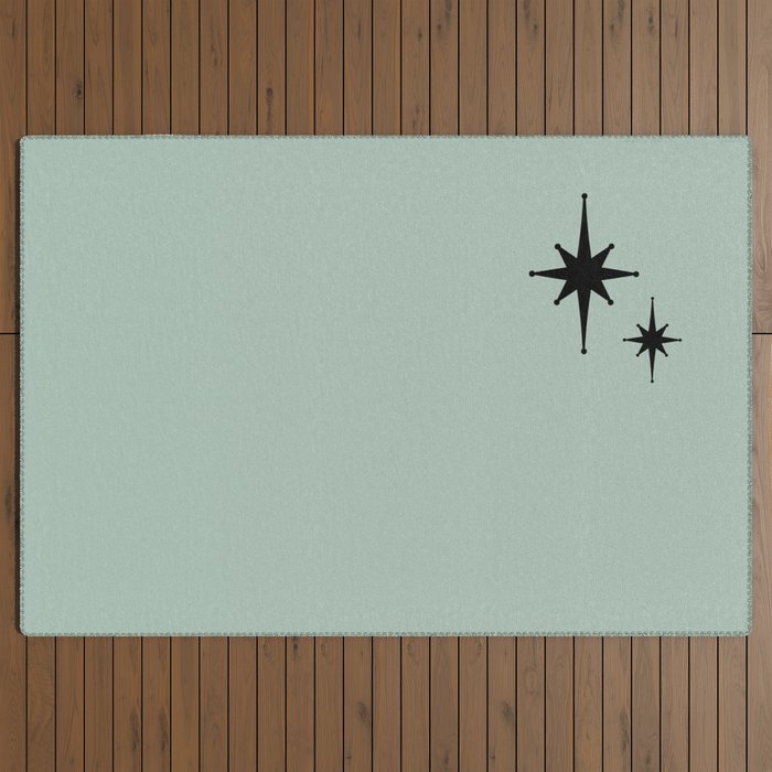 1950s Atomic Age Minimalist Starburst Pair in Black and 50s Celadon Teal Solid Outdoor Rug