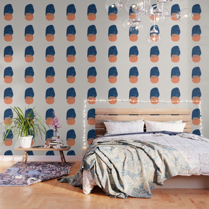 Twins' Minimalist Modern Mid Century Colorful Navy Blue Tan Shapes by Ejaaz Haniff Wallpaper