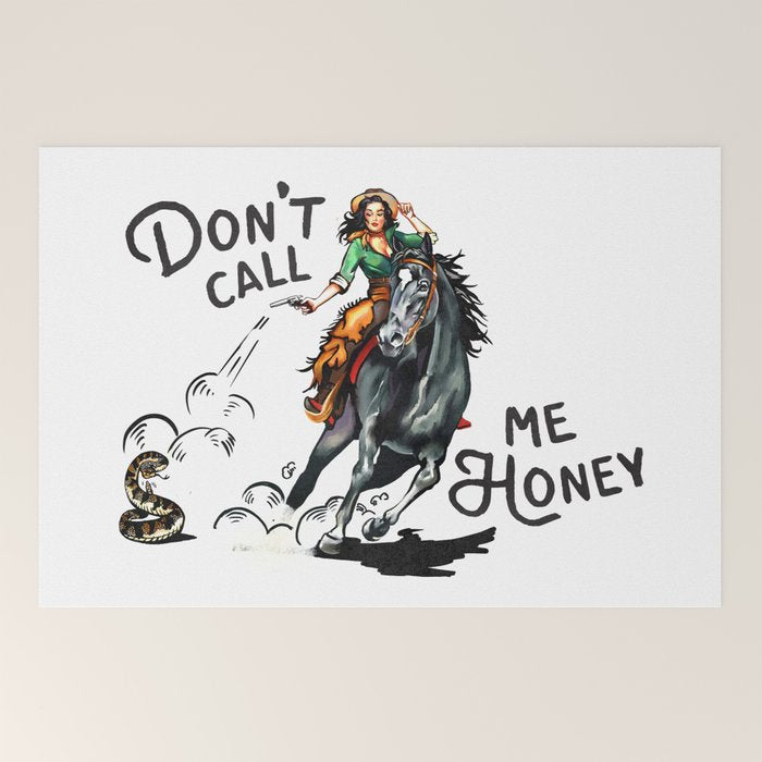 "Don't Call Me Honey" Cowgirl On Horseback Shooting a Rattlesnake Welcome Mat