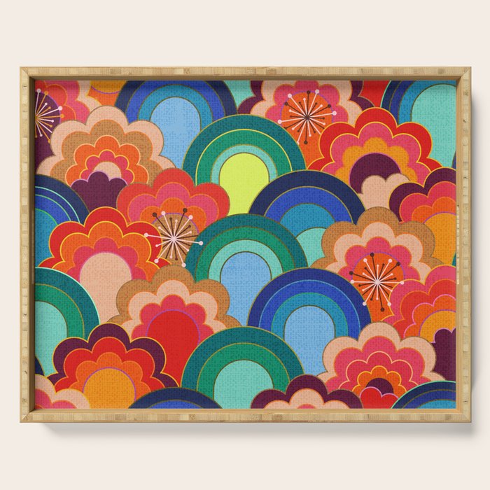 70s rainbow flowers sunset colors Serving Tray