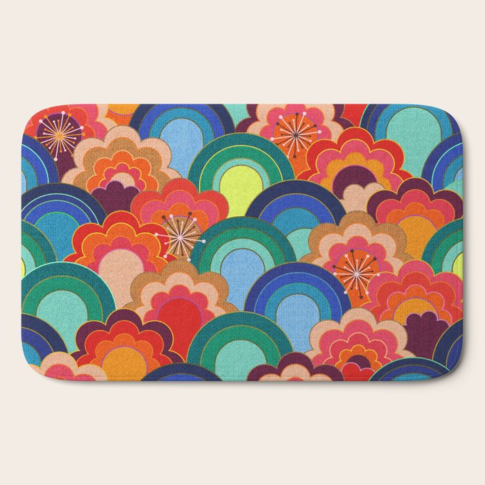 70s rainbow flowers sunset colors Bath Mat