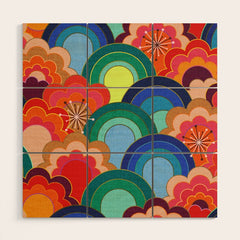 70s rainbow flowers sunset colors Wood Wall Art