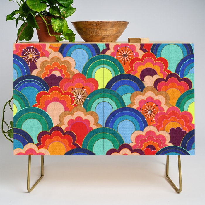 70s rainbow flowers sunset colors Credenza
