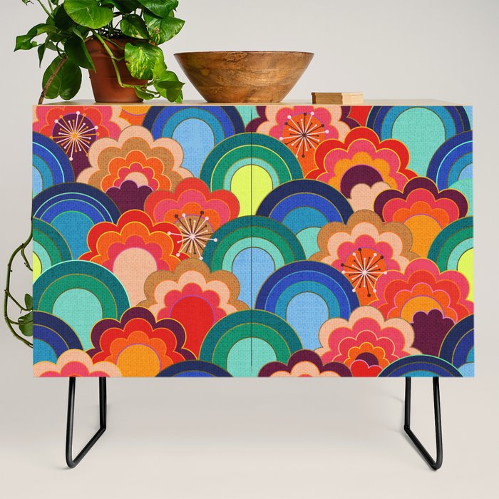 70s rainbow flowers sunset colors Credenza