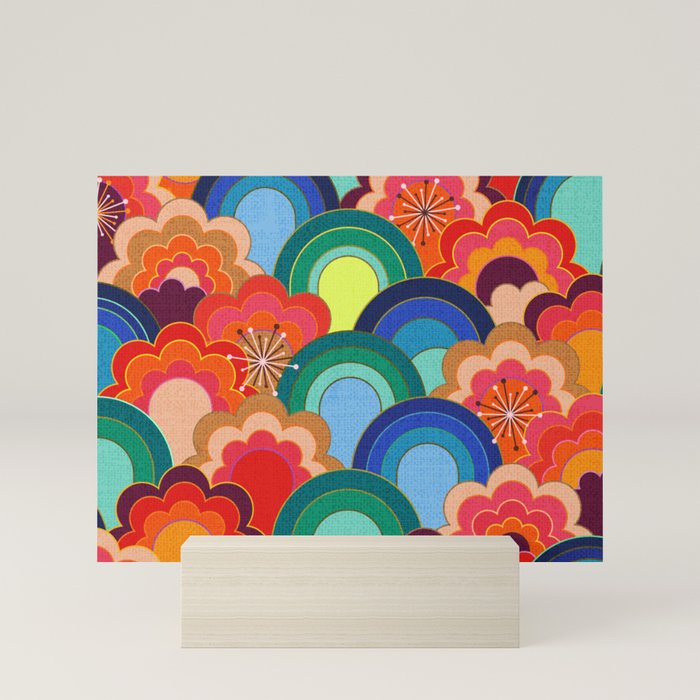 70s rainbow flowers sunset colors Mini Art Print