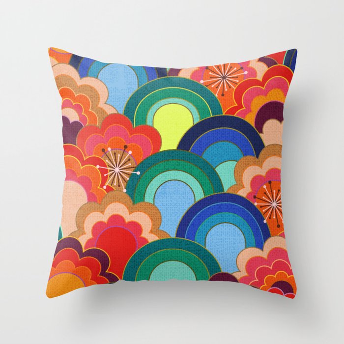 70s rainbow flowers sunset colors Throw Pillow