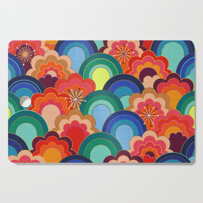 70s rainbow flowers sunset colors Cutting Board