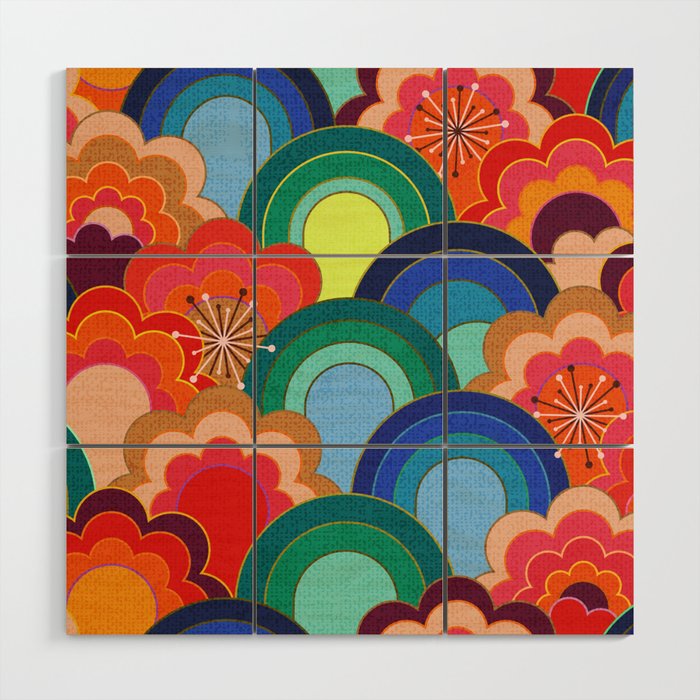 70s rainbow flowers sunset colors Wood Wall Art