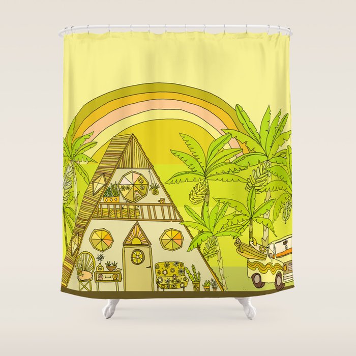 a frame simple living // banana pancakes // retro surf art by surfy birdy Shower Curtain