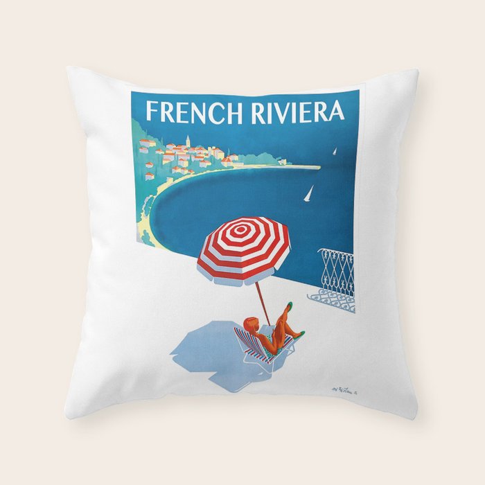 1954 FRENCH RIVIERA Travel Poster Throw Pillow