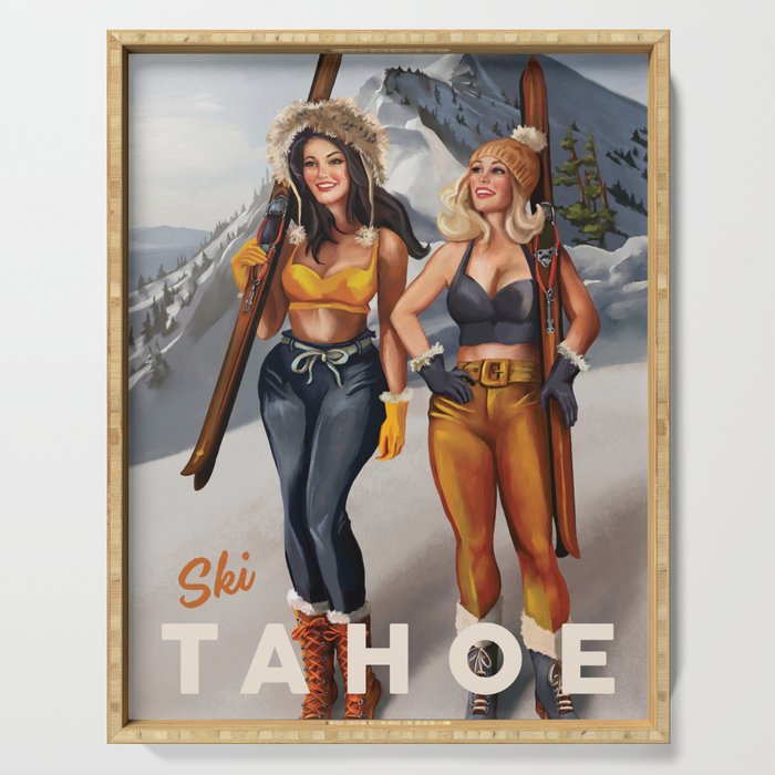 "Ski Tahoe" Cute Pinup Girls Skiing Wall Art Serving Tray