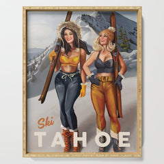 "Ski Tahoe" Cute Pinup Girls Skiing Wall Art Serving Tray