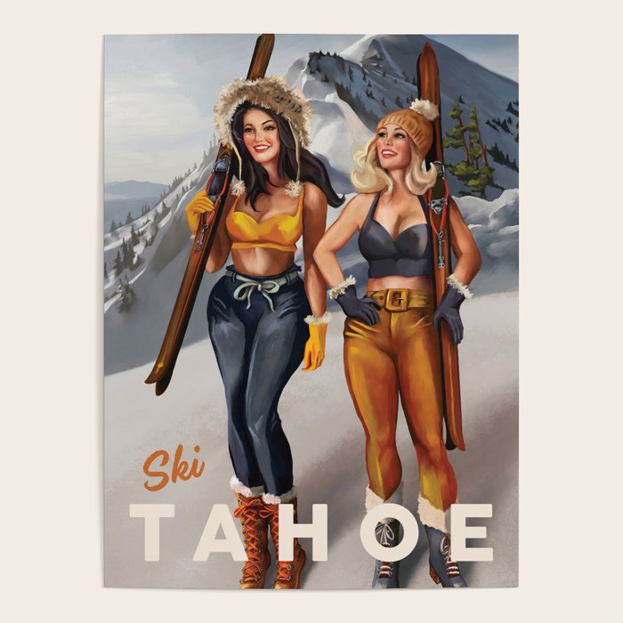 "Ski Tahoe" Cute Pinup Girls Skiing Wall Art Poster