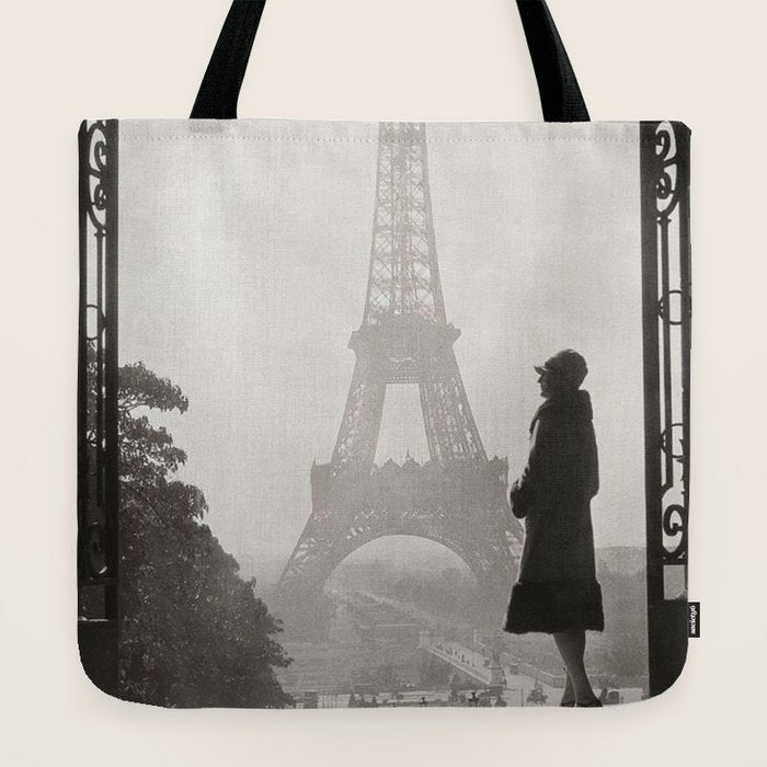 1920 Woman at the Gate, Eiffel Tower black and white photography / jazz age black & white photograph Tote Bag