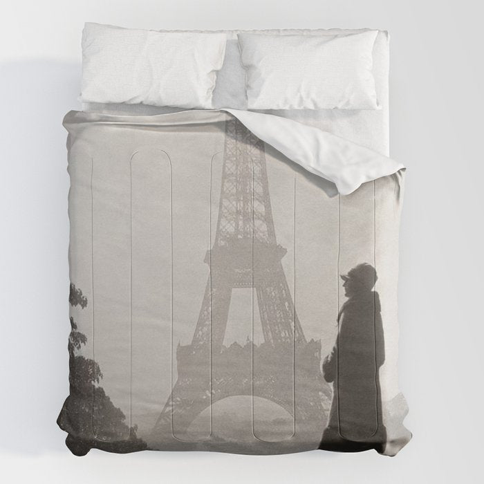1920 Woman at the Gate, Eiffel Tower black and white photography / jazz age black & white photograph Comforter