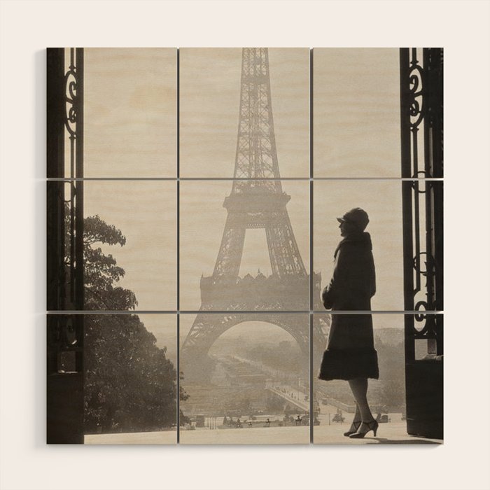 1920 Woman at the Gate, Eiffel Tower black and white photography / jazz age black & white photograph Wood Wall Art