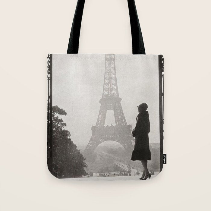 1920 Woman at the Gate, Eiffel Tower black and white photography / jazz age black & white photograph Tote Bag