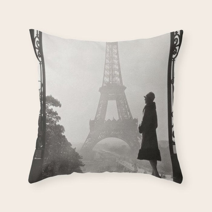 1920 Woman at the Gate, Eiffel Tower black and white photography / jazz age black & white photograph Throw Pillow