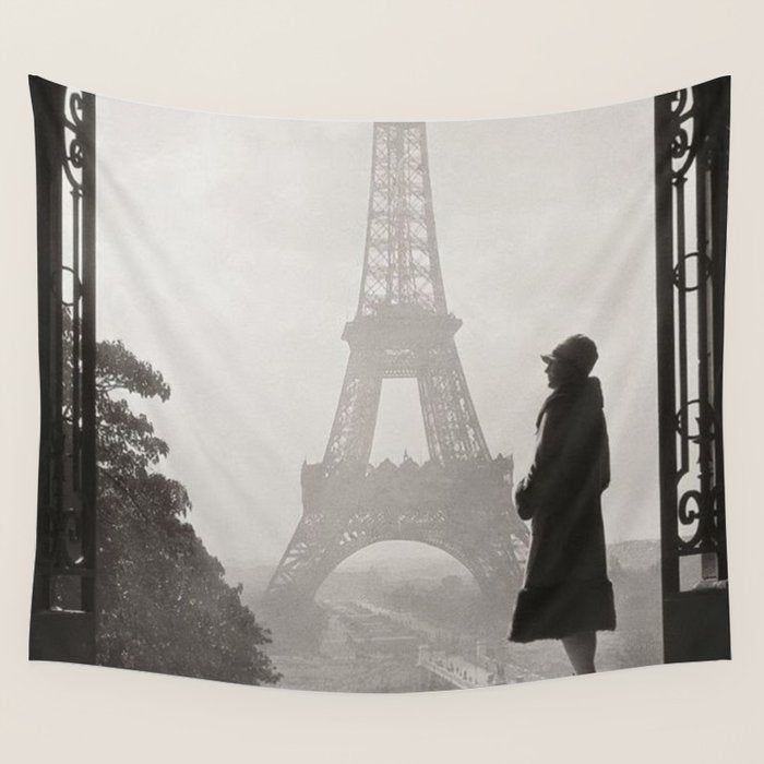 1920 Woman at the Gate, Eiffel Tower black and white photography / jazz age black & white photograph Wall Tapestry