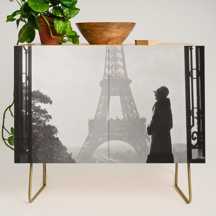 1920 Woman at the Gate, Eiffel Tower black and white photography / jazz age black & white photograph Credenza