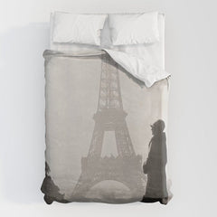 1920 Woman at the Gate, Eiffel Tower black and white photography / jazz age black & white photograph Duvet Cover