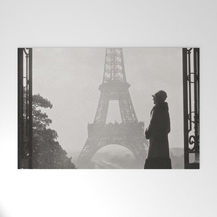 1920 Woman at the Gate, Eiffel Tower black and white photography / jazz age black & white photograph Welcome Mat