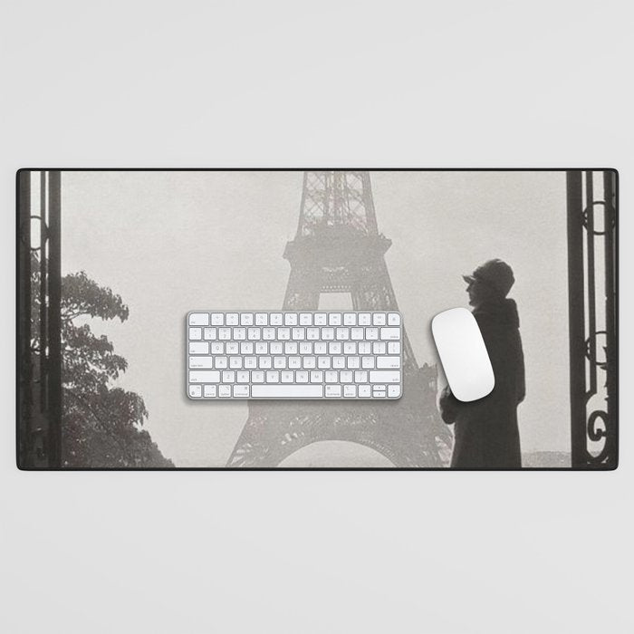 1920 Woman at the Gate, Eiffel Tower black and white photography / jazz age black & white photograph Desk Mat